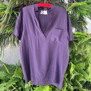 Lanvin Purple Silk V-Neck Short Sleeve Top | Raw Edge Detail | FR 38, Medium